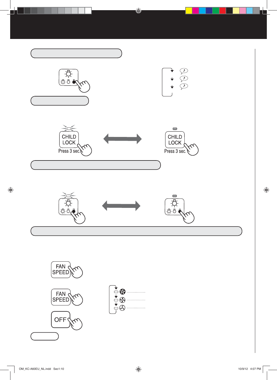 Nuttige functie, Besturing lampjes, Kinderslot | Aan beëindigen instelling geluidsindicator, Aan aanpassen van de sensor detectiegevoeligheid, Beëindigen | Sharp KC-A60EU W User Manual | Page 78 / 219