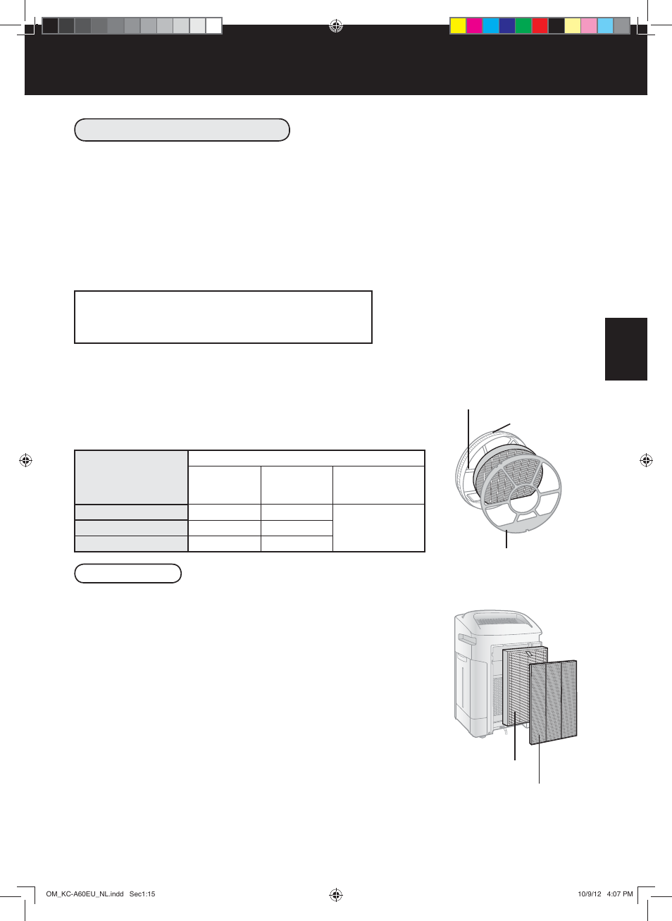 Vervanging fi ltermodel, Vervanging bepalen, Filtervervanging | Afvalverwerking van fi lters, N-15, Opmerking | Sharp KC-A60EU W User Manual | Page 83 / 219
