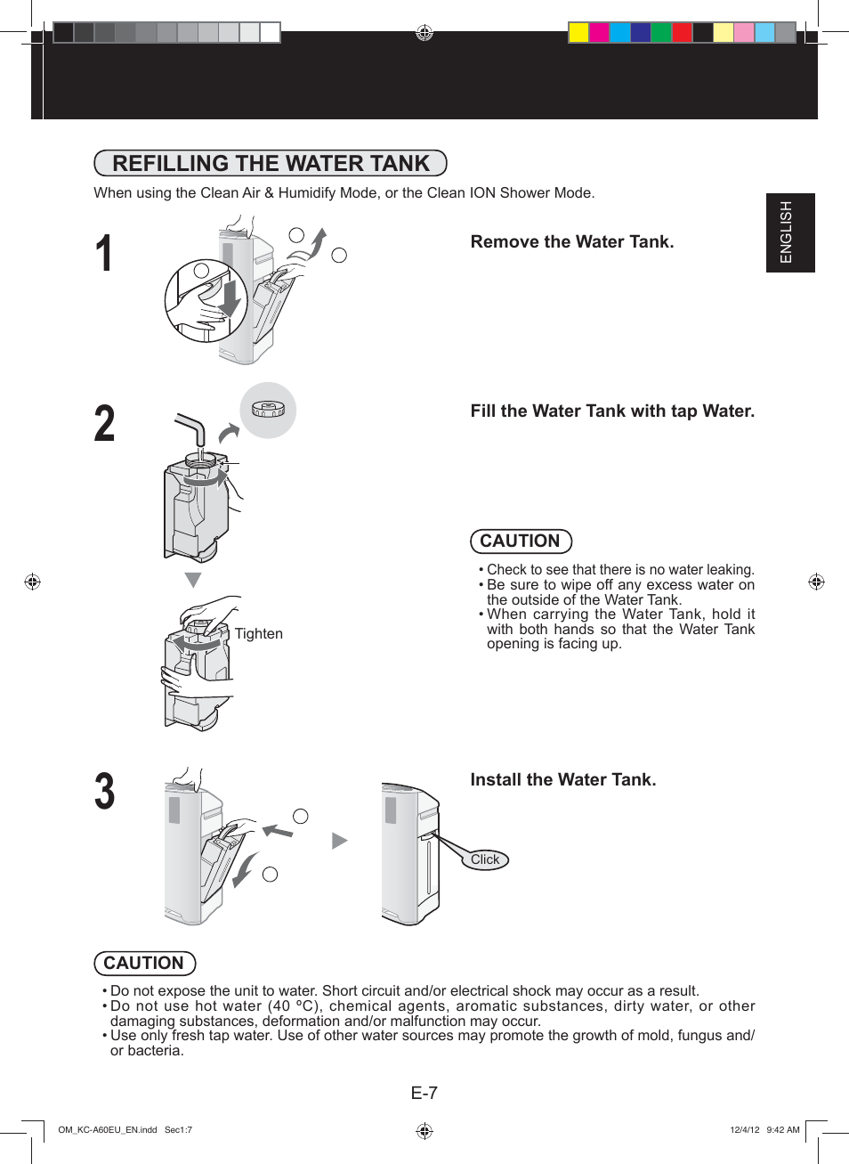 Refilling the water tank | Sharp KC-A60EU W User Manual | Page 9 / 219
