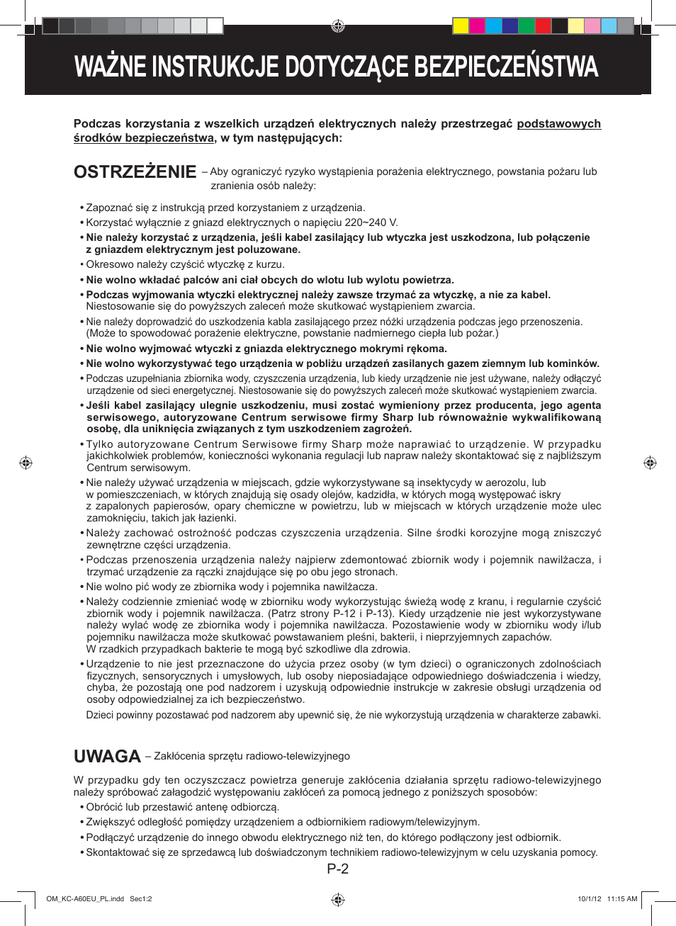 Ważne instrukcje dotyczące bezpieczeństwa, Ostrzeżenie, Uwaga | Sharp KC-A60EU W User Manual | Page 92 / 219