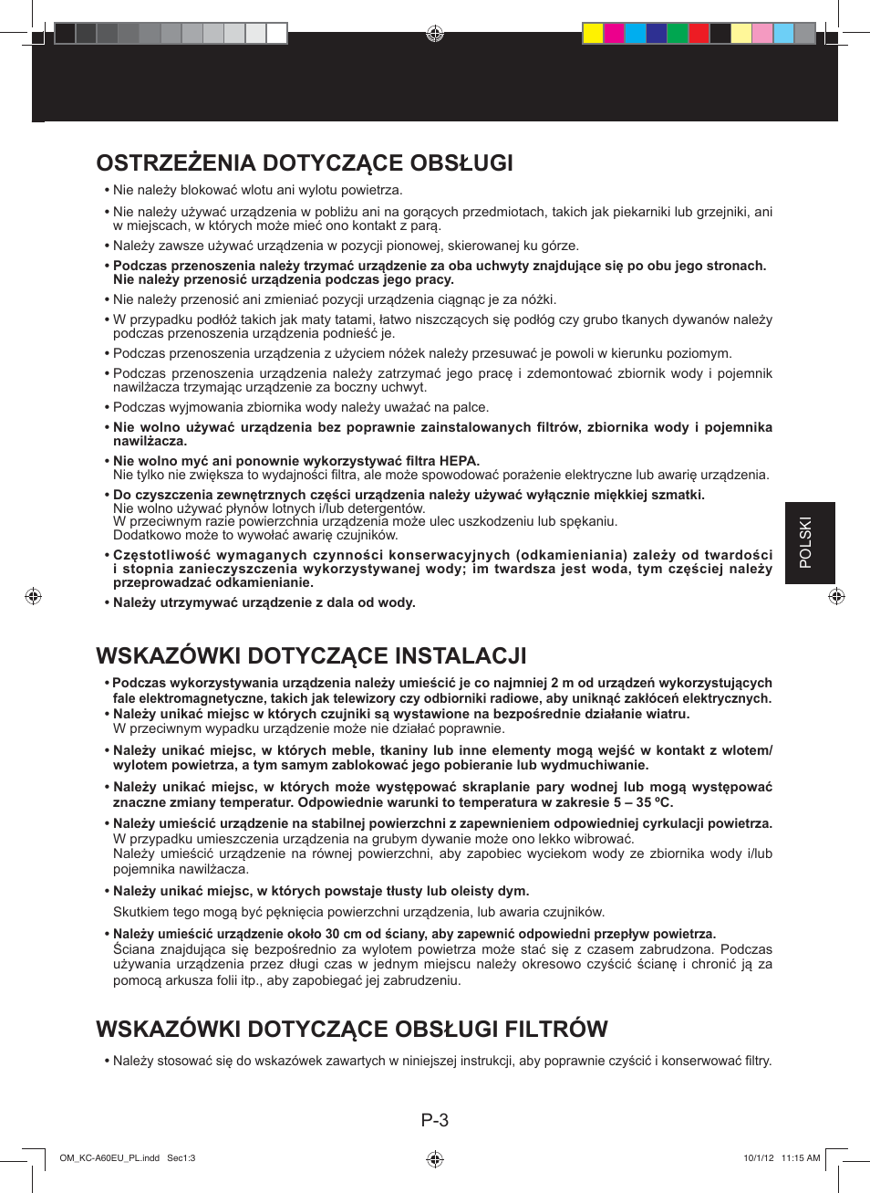 Ostrzeżenia dotyczące obsługi, Wskazówki dotyczące instalacji, Wskazówki dotyczące obsługi filtrów | Sharp KC-A60EU W User Manual | Page 93 / 219