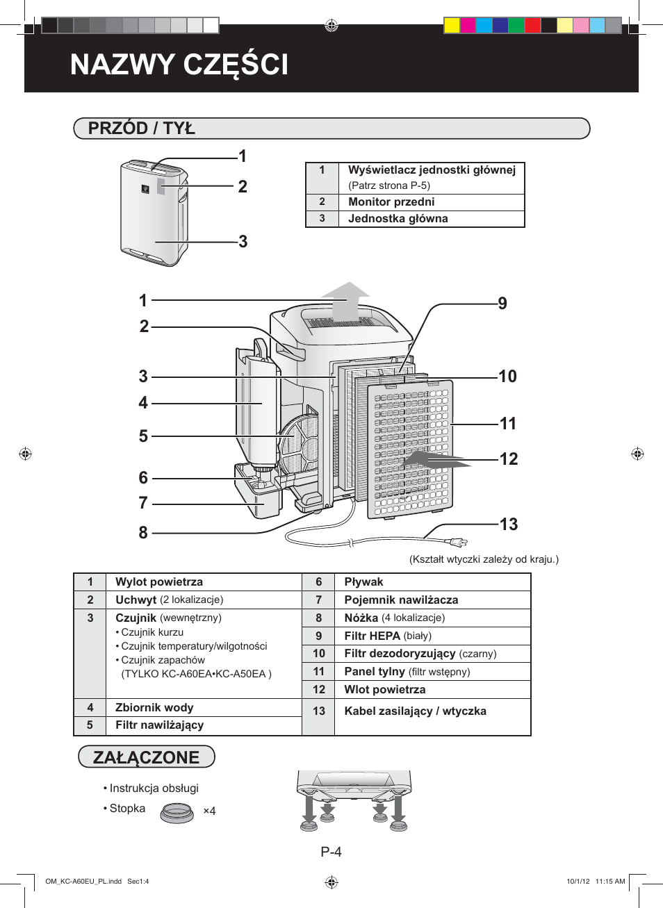 Nazwy części, Przód / tył, 12 załączone | Sharp KC-A60EU W User Manual | Page 94 / 219