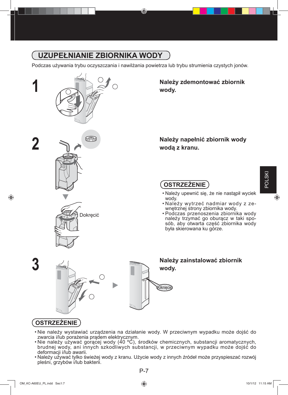 Uzupełnianie zbiornika wody | Sharp KC-A60EU W User Manual | Page 97 / 219