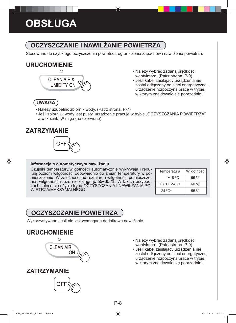 Obsługa, Zatrzymanie, Oczyszczanie i nawilżanie powietrza | Uruchomienie zatrzymanie oczyszczanie powietrza, Uruchomienie | Sharp KC-A60EU W User Manual | Page 98 / 219