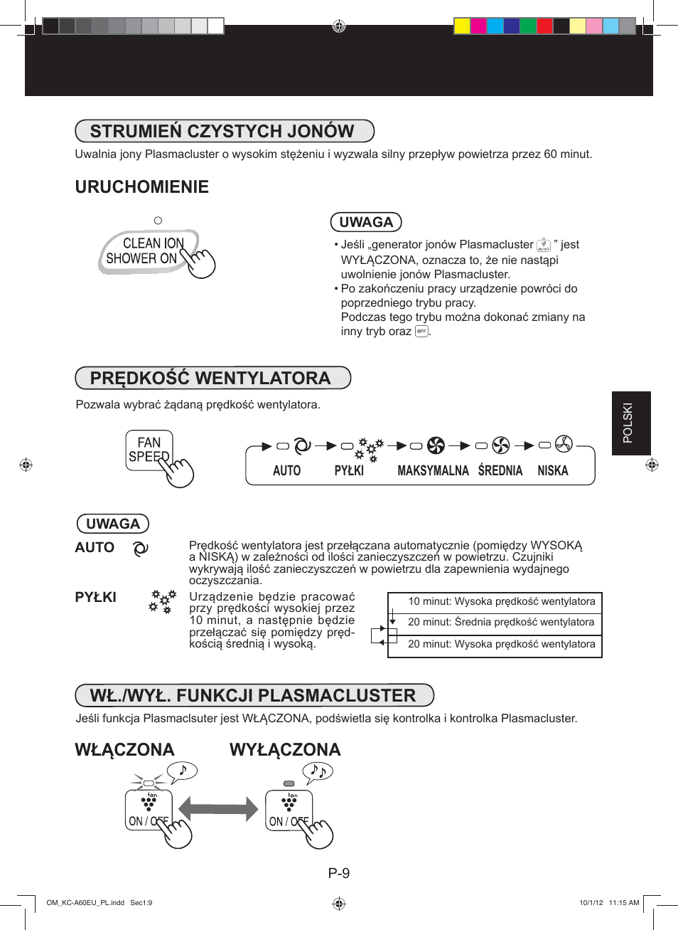 Strumień czystych jonów uruchomienie, Wyłączona, Włączona | Sharp KC-A60EU W User Manual | Page 99 / 219