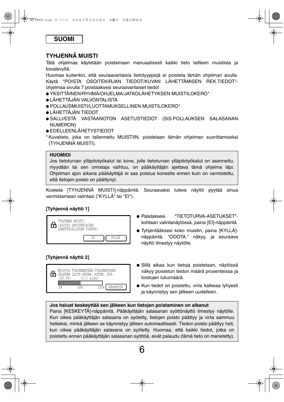 Suomi, Tyhjennä muisti | Sharp Funkcja identyfikacji użytkownika User Manual | Page 104 / 184