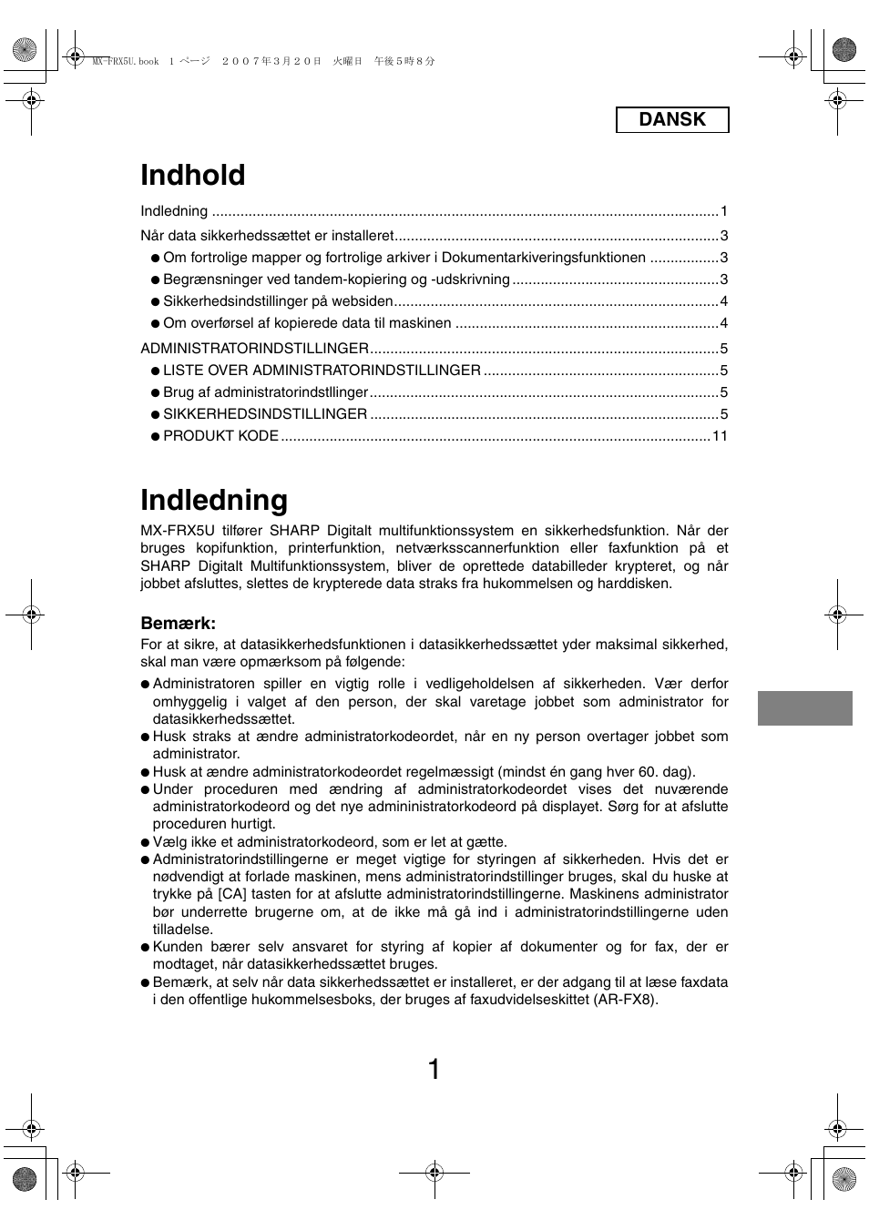 Indhold, Indledning, Dansk | Bemærk | Sharp Funkcja identyfikacji użytkownika User Manual | Page 111 / 184