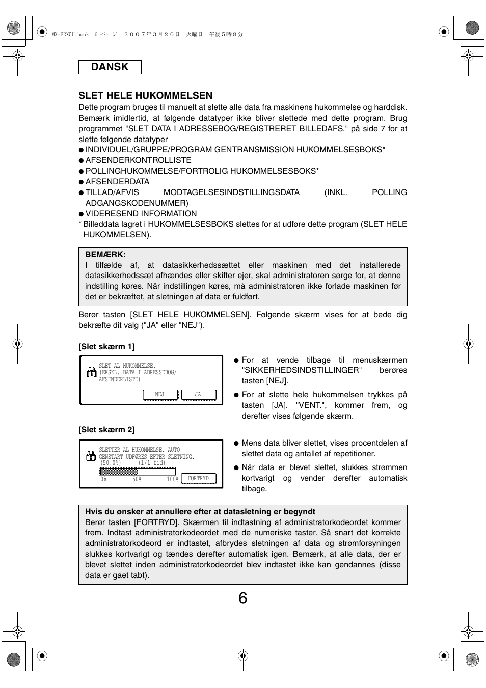 Dansk, Slet hele hukommelsen | Sharp Funkcja identyfikacji użytkownika User Manual | Page 116 / 184