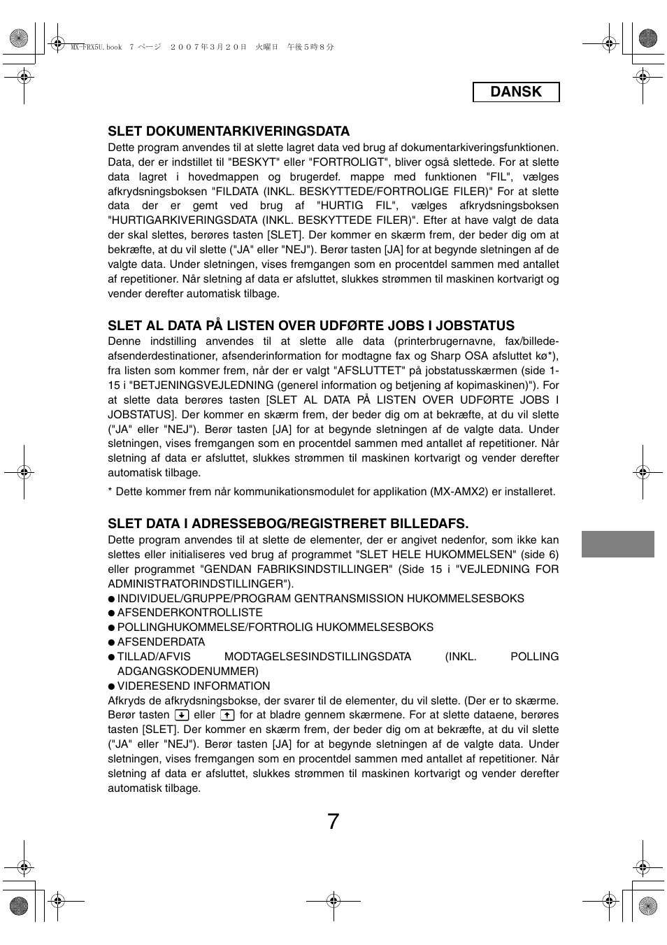 Dansk, Slet dokumentarkiveringsdata, Slet data i adressebog/registreret billedafs | Sharp Funkcja identyfikacji użytkownika User Manual | Page 117 / 184