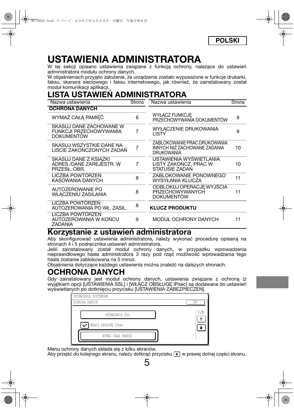 Ustawienia administratora, Ochrona danych, Polski | Sharp Funkcja identyfikacji użytkownika User Manual | Page 139 / 184