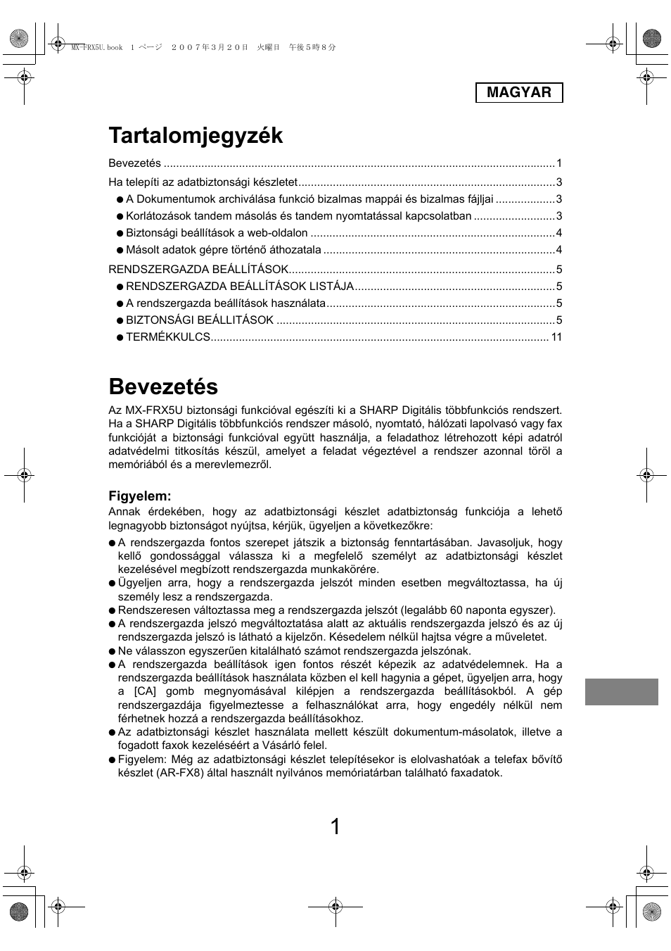 Tartalomjegyzék, Bevezetés, Magyar | Figyelem | Sharp Funkcja identyfikacji użytkownika User Manual | Page 147 / 184