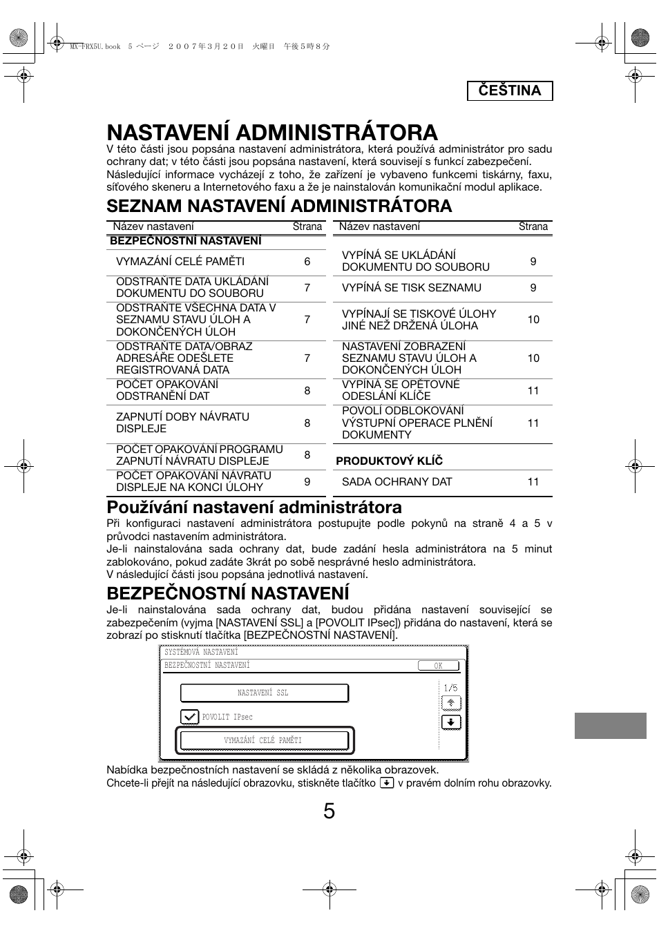 Nastavení administrátora, Bezpečnostní nastavení, Čeština | Sharp Funkcja identyfikacji użytkownika User Manual | Page 163 / 184