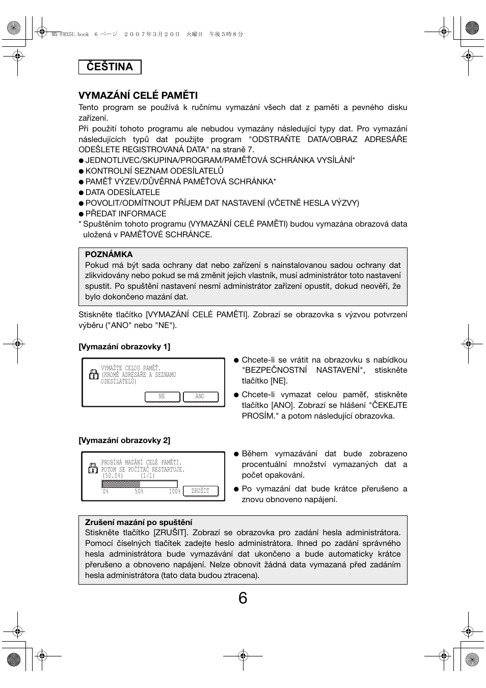 Čeština, Vymazání celé paměti | Sharp Funkcja identyfikacji użytkownika User Manual | Page 164 / 184