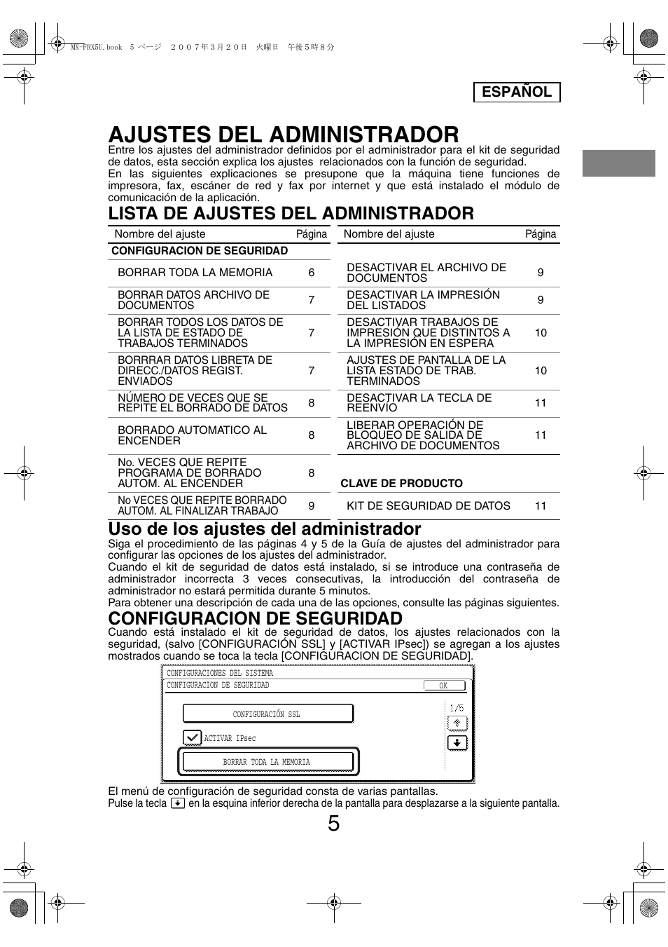 Ajustes del administrador, Configuracion de seguridad, Español | Sharp Funkcja identyfikacji użytkownika User Manual | Page 19 / 184