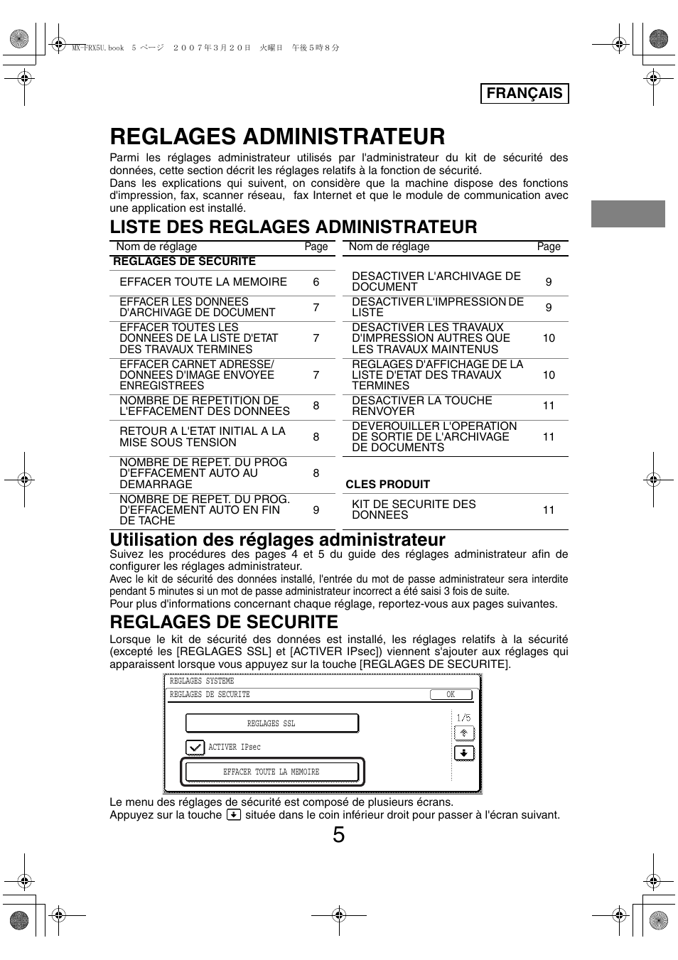 Reglages administrateur, Reglages de securite, Français | Sharp Funkcja identyfikacji użytkownika User Manual | Page 31 / 184