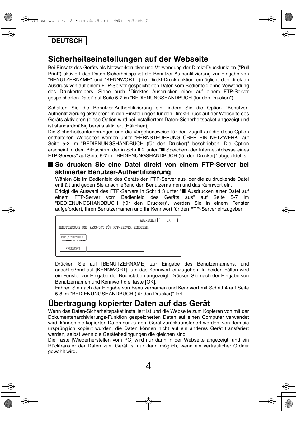 Sicherheitseinstellungen auf der webseite, Übertragung kopierter daten auf das gerät | Sharp Funkcja identyfikacji użytkownika User Manual | Page 42 / 184