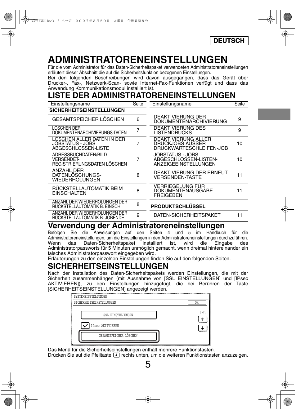 Administratoreneinstellungen, Sicherheitseinstellungen, Deutsch | Sharp Funkcja identyfikacji użytkownika User Manual | Page 43 / 184