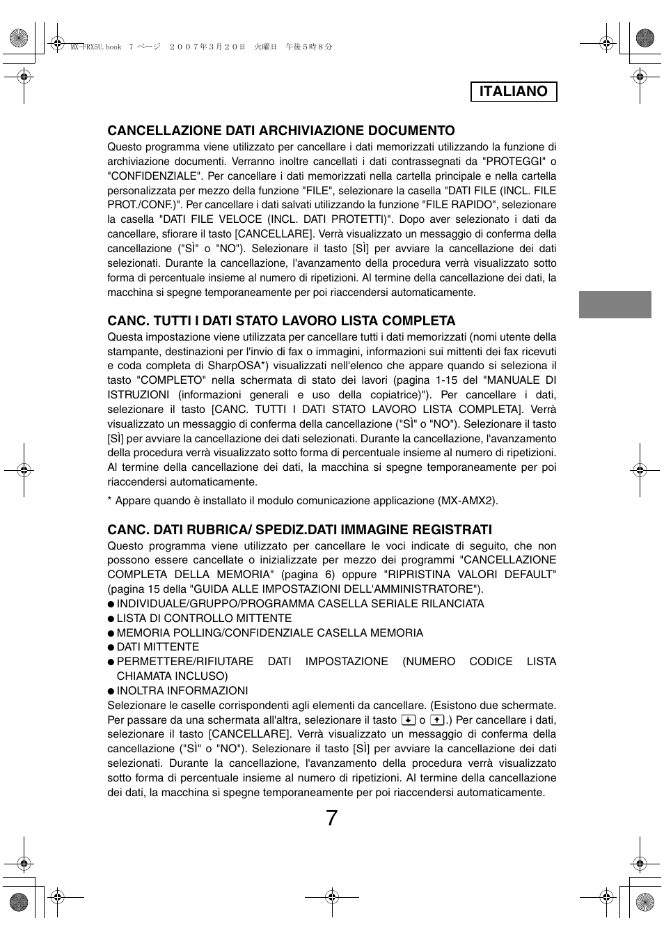 Italiano, Cancellazione dati archiviazione documento, Canc. tutti i dati stato lavoro lista completa | Sharp Funkcja identyfikacji użytkownika User Manual | Page 57 / 184