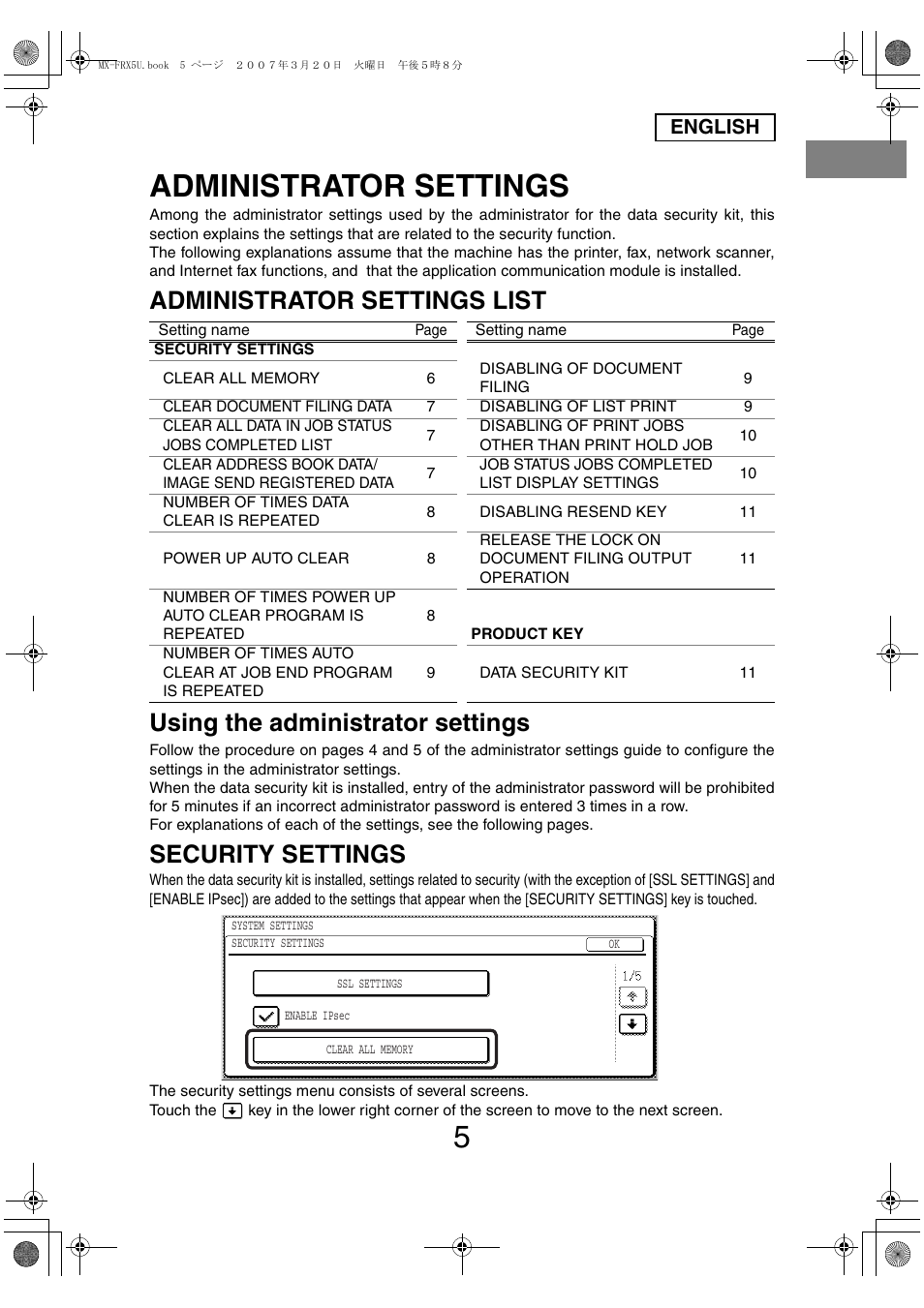 Administrator settings, Security settings, English | Sharp Funkcja identyfikacji użytkownika User Manual | Page 7 / 184