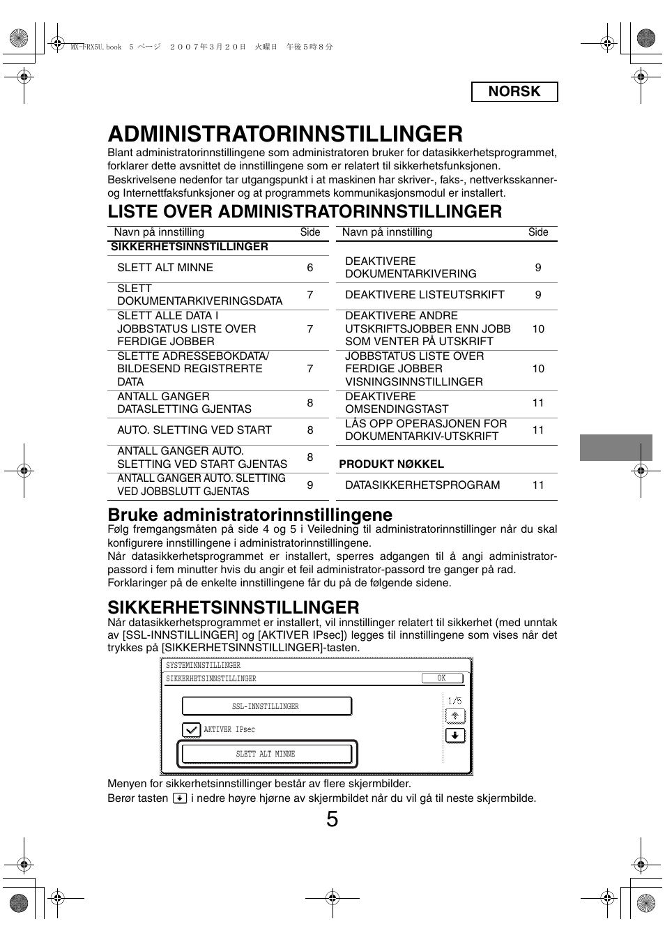 Administratorinnstillinger, Sikkerhetsinnstillinger, Norsk | Sharp Funkcja identyfikacji użytkownika User Manual | Page 91 / 184