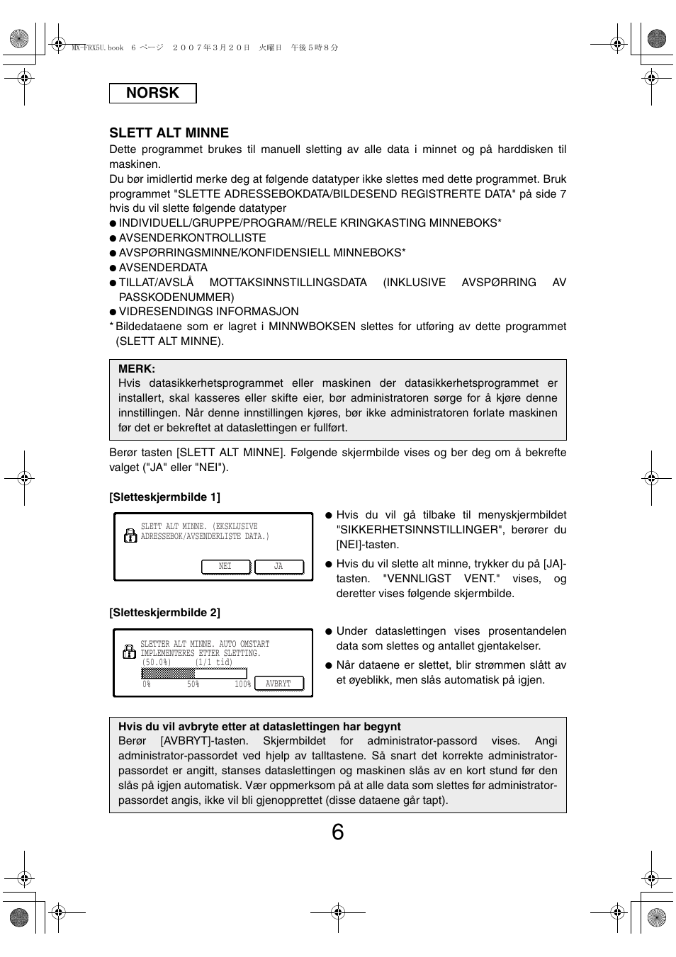 Norsk, Slett alt minne | Sharp Funkcja identyfikacji użytkownika User Manual | Page 92 / 184