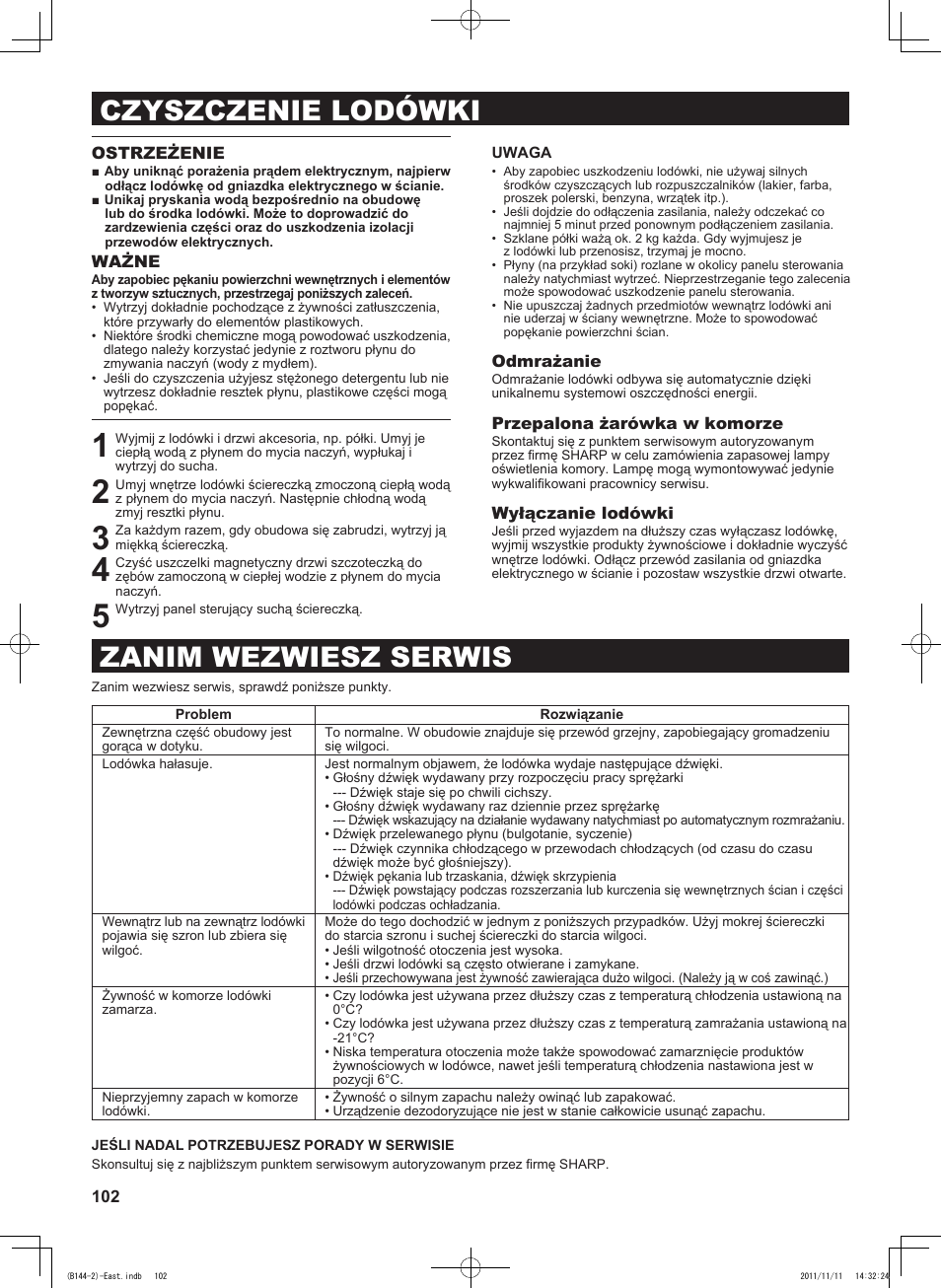 Czyszczenie lodówki zanim wezwiesz serwis | Sharp SJ-WP320TBE User Manual | Page 102 / 224