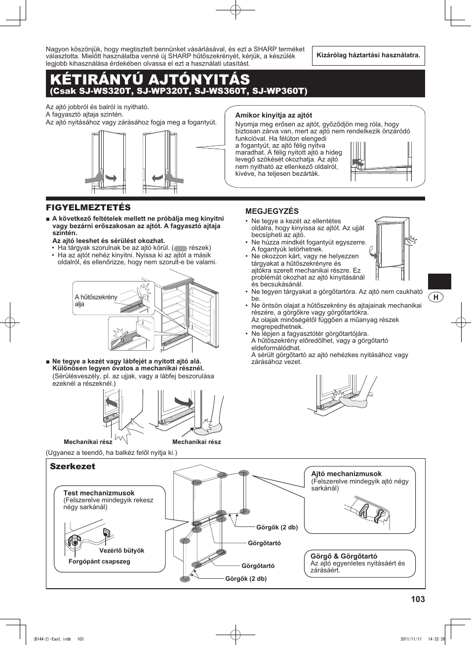 B144)hun, Kétirányú ajtónyitás, Figyelmeztetés | Szerkezet | Sharp SJ-WP320TBE User Manual | Page 103 / 224