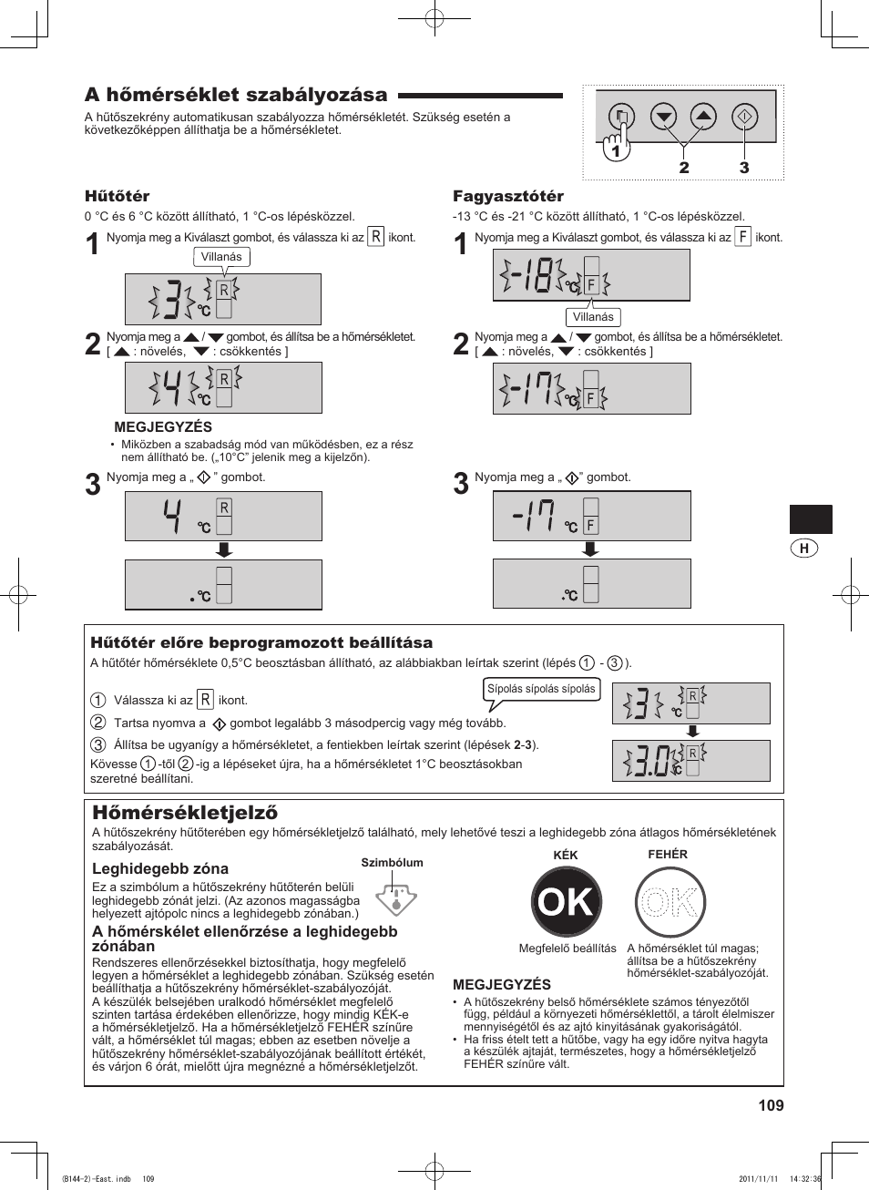 A hőmérséklet szabályozása, Hőmérsékletjelző | Sharp SJ-WP320TBE User Manual | Page 109 / 224