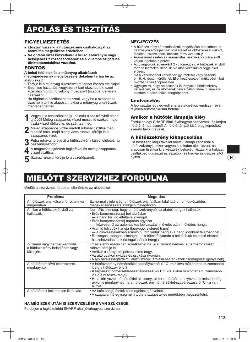 Ápolás és tisztítás mielőtt szervizhez fordulna | Sharp SJ-WP320TBE User Manual | Page 113 / 224