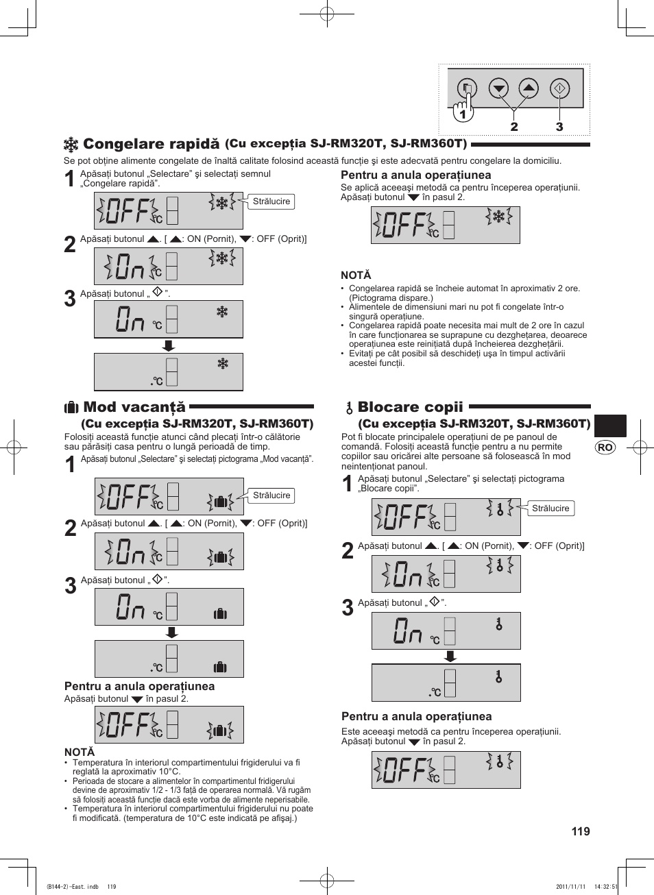 Congelare rapidă, Mod vacanţă, Blocare copii | Sharp SJ-WP320TBE User Manual | Page 119 / 224