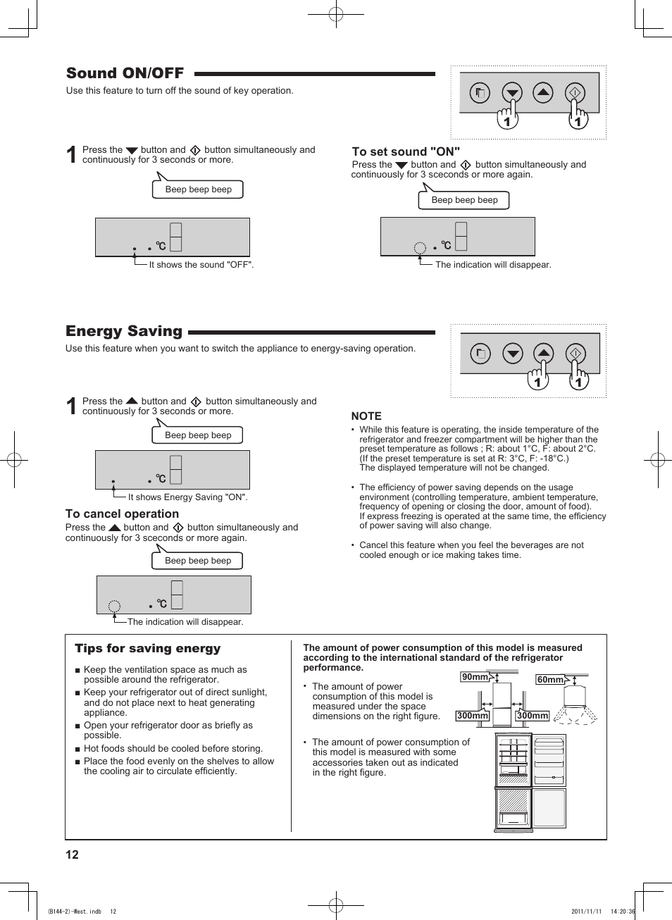 Sound on/off, Energy saving | Sharp SJ-WP320TBE User Manual | Page 12 / 224