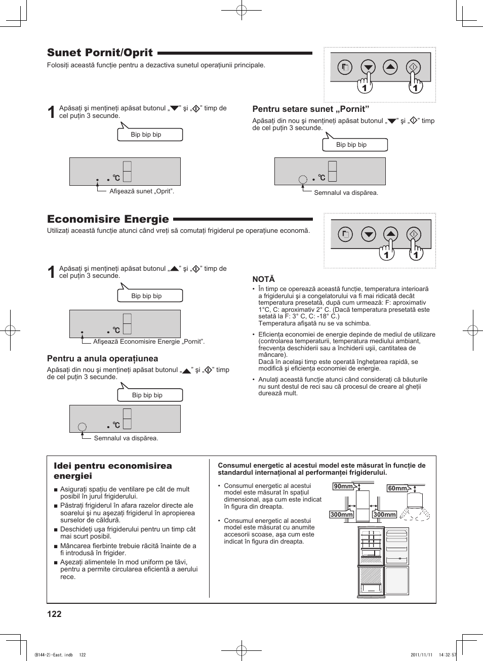 Sunet pornit/oprit, Economisire energie, Pentru setare sunet „pornit | Pentru a anula operaţiunea, 1idei pentru economisirea energiei | Sharp SJ-WP320TBE User Manual | Page 122 / 224