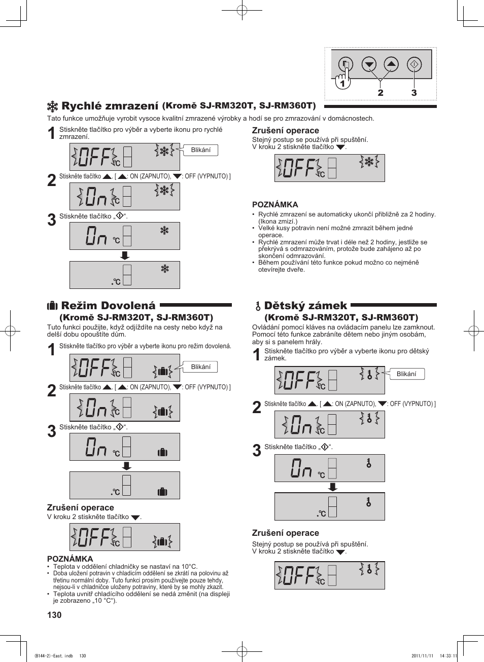 Rychlé zmrazení, Režim dovolená, Dětský zámek | Sharp SJ-WP320TBE User Manual | Page 130 / 224