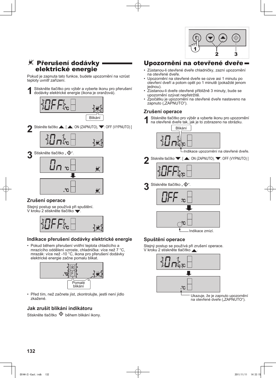 Upozornění na otevřené dveře, Přerušení dodávky elektrické energie | Sharp SJ-WP320TBE User Manual | Page 132 / 224