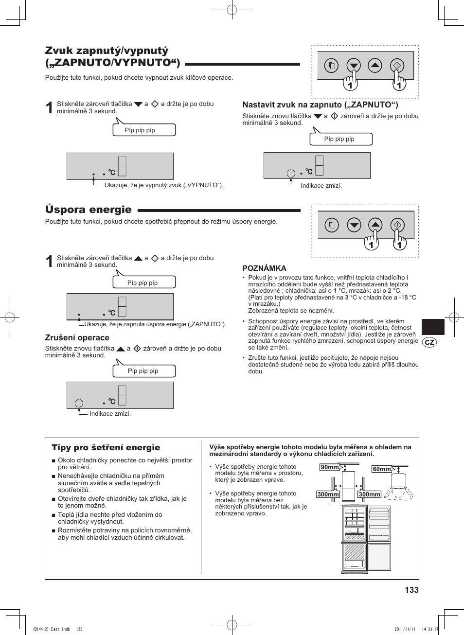 Zvuk zapnutý/vypnutý („zapnuto/vypnuto“), Úspora energie | Sharp SJ-WP320TBE User Manual | Page 133 / 224