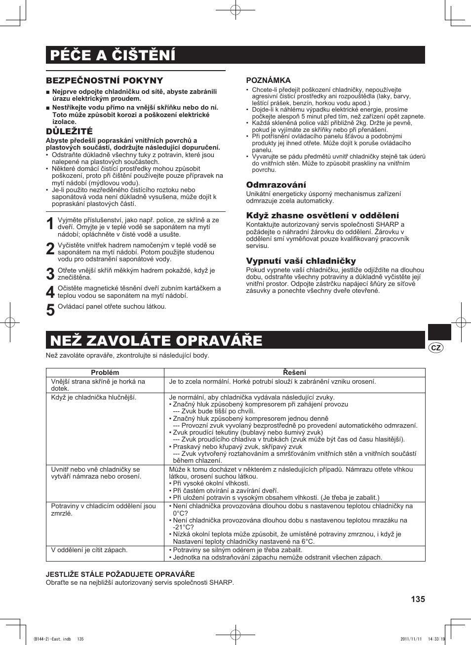 Péče a čištění než zavoláte opraváře | Sharp SJ-WP320TBE User Manual | Page 135 / 224