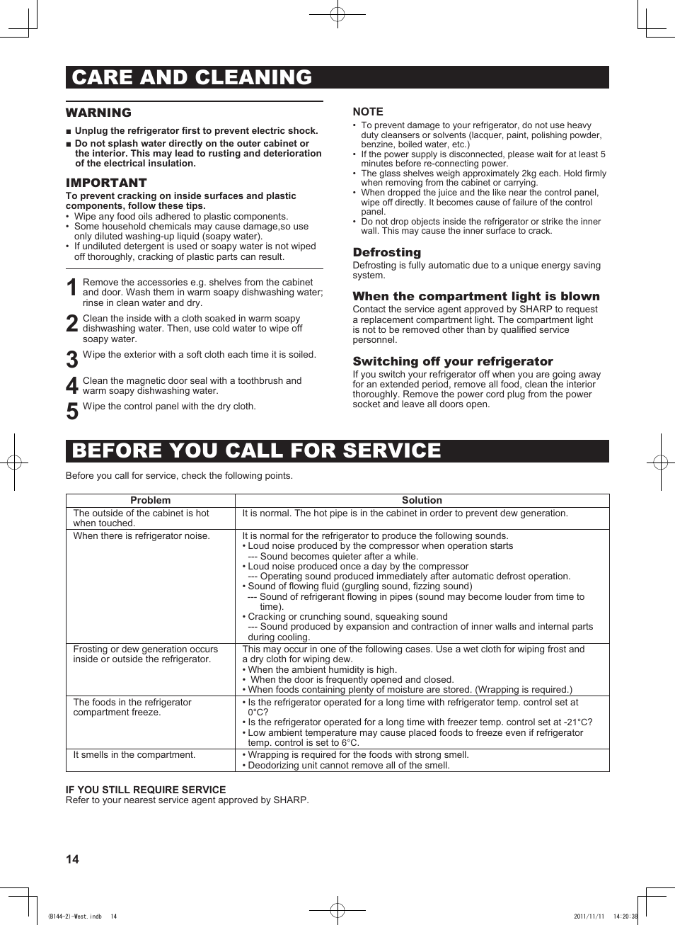 Care and cleaning before you call for service | Sharp SJ-WP320TBE User Manual | Page 14 / 224