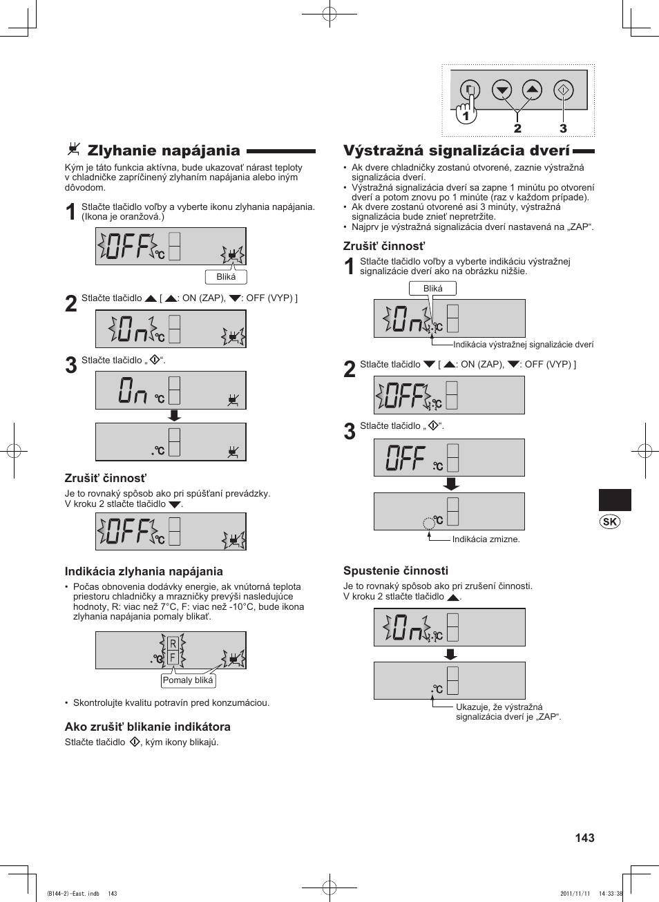 Výstražná signalizácia dverí, Zlyhanie napájania | Sharp SJ-WP320TBE User Manual | Page 143 / 224