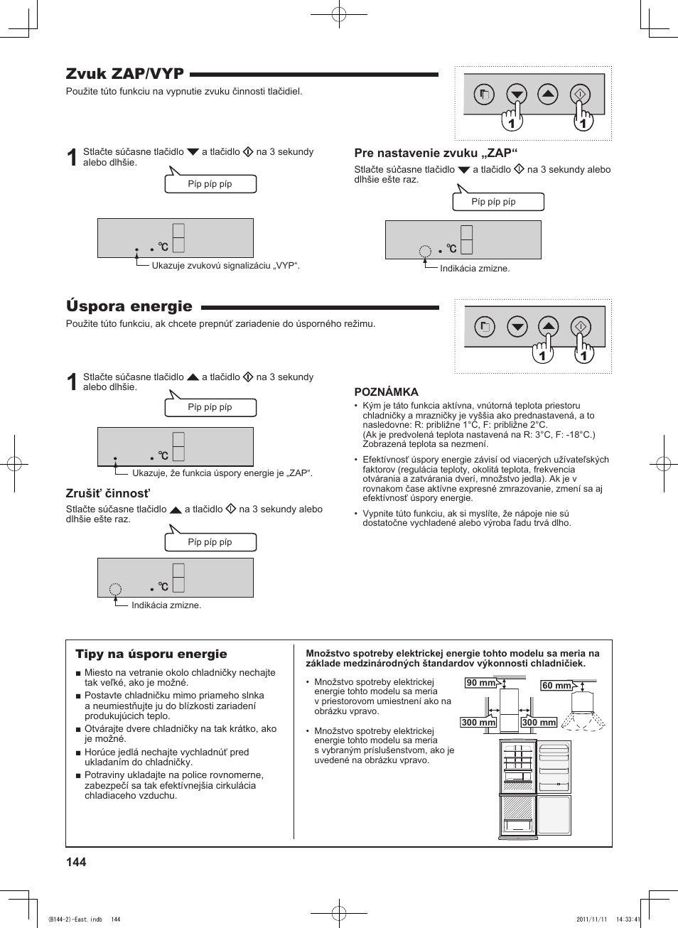 Zvuk zap/vyp, Úspora energie, Pre nastavenie zvuku „zap | Zrušiť činnosť, 1tipy na úsporu energie | Sharp SJ-WP320TBE User Manual | Page 144 / 224