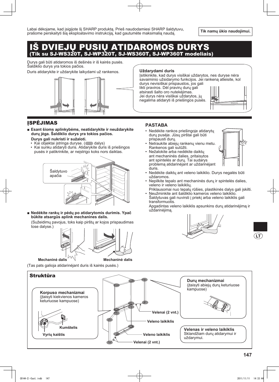 B144)lit, Iš dviejų pusių atidaromos durys, Įspėjimas | Struktūra | Sharp SJ-WP320TBE User Manual | Page 147 / 224