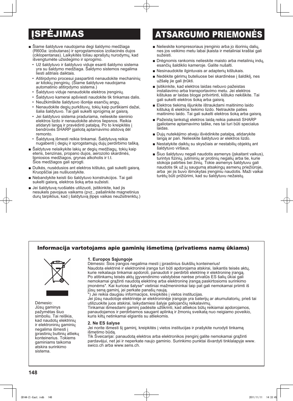 Įspėjimas atsargumo priemonės | Sharp SJ-WP320TBE User Manual | Page 148 / 224