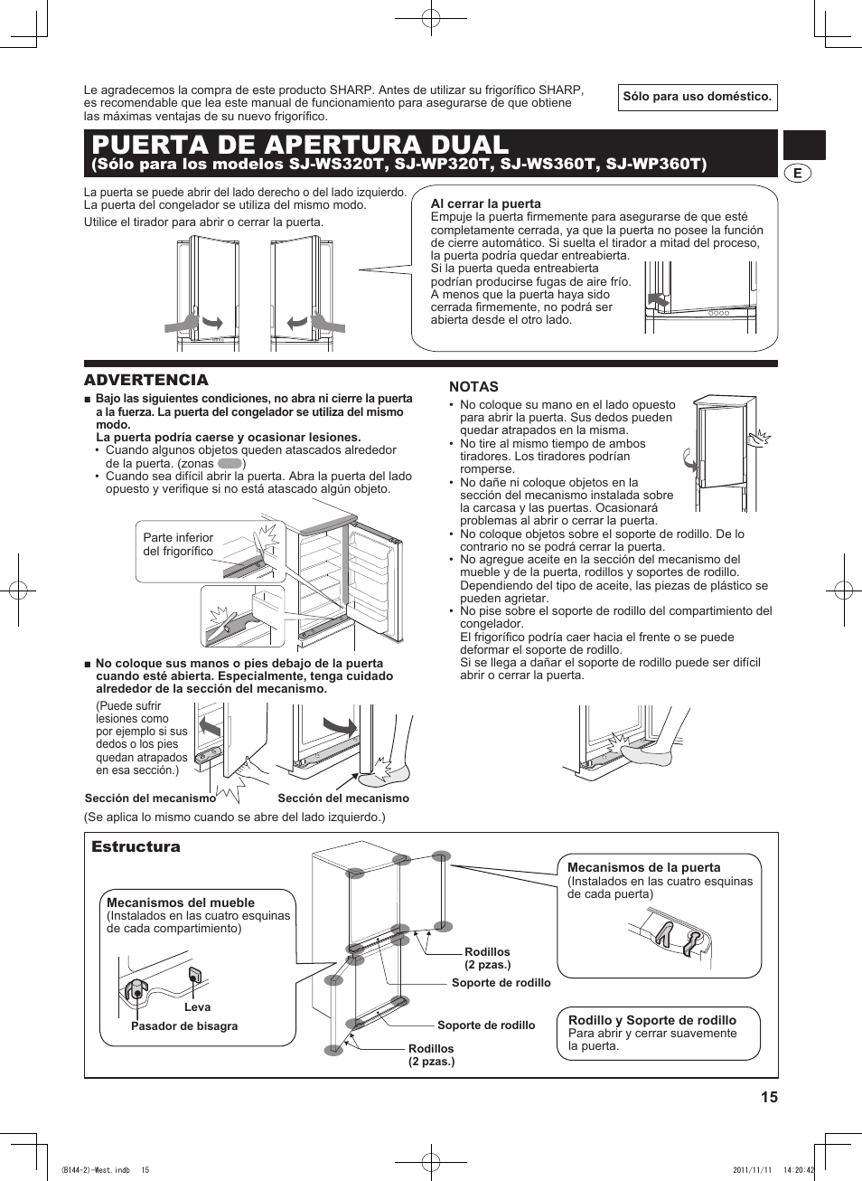 B144)spa, Puerta de apertura dual, Advertencia | Estructura | Sharp SJ-WP320TBE User Manual | Page 15 / 224
