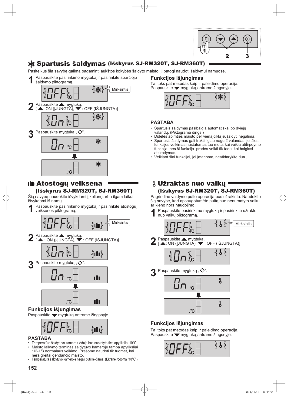 Spartusis šaldymas, Atostogų veiksena, Užraktas nuo vaikų | Sharp SJ-WP320TBE User Manual | Page 152 / 224