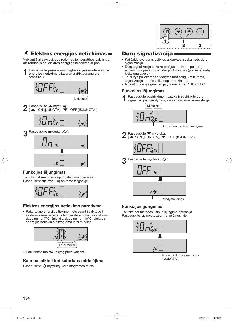 Durų signalizacija, Elektros energijos netiekimas | Sharp SJ-WP320TBE User Manual | Page 154 / 224