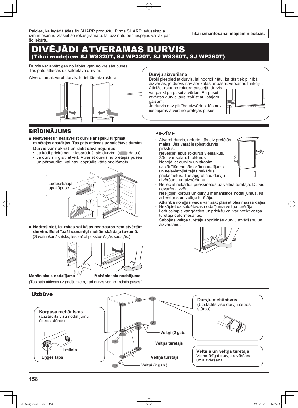 B144)lav, Divējādi atveramas durvis, Brīdinājums | Uzbūve | Sharp SJ-WP320TBE User Manual | Page 158 / 224