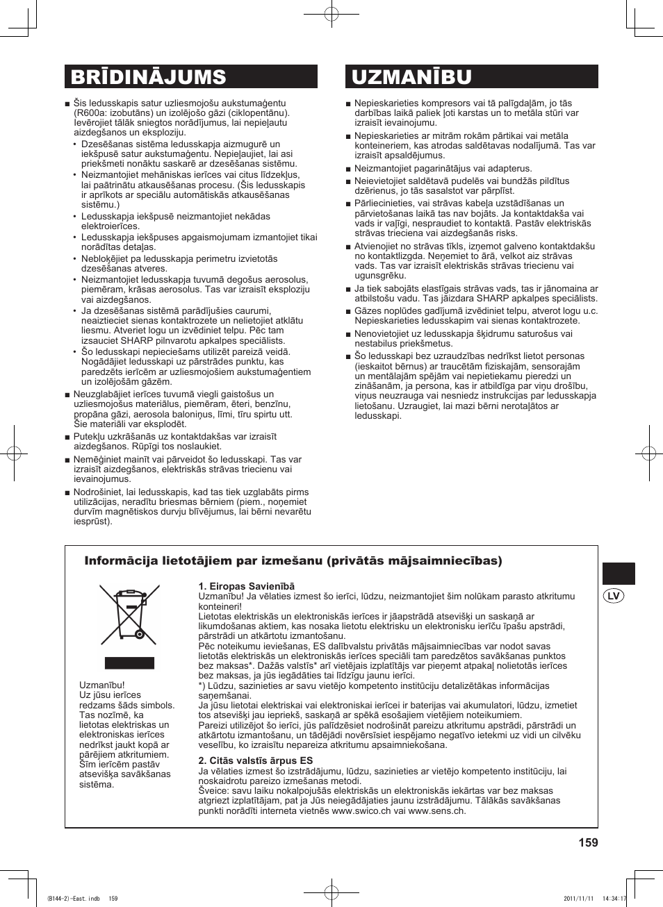 Brīdinājums uzmanību | Sharp SJ-WP320TBE User Manual | Page 159 / 224