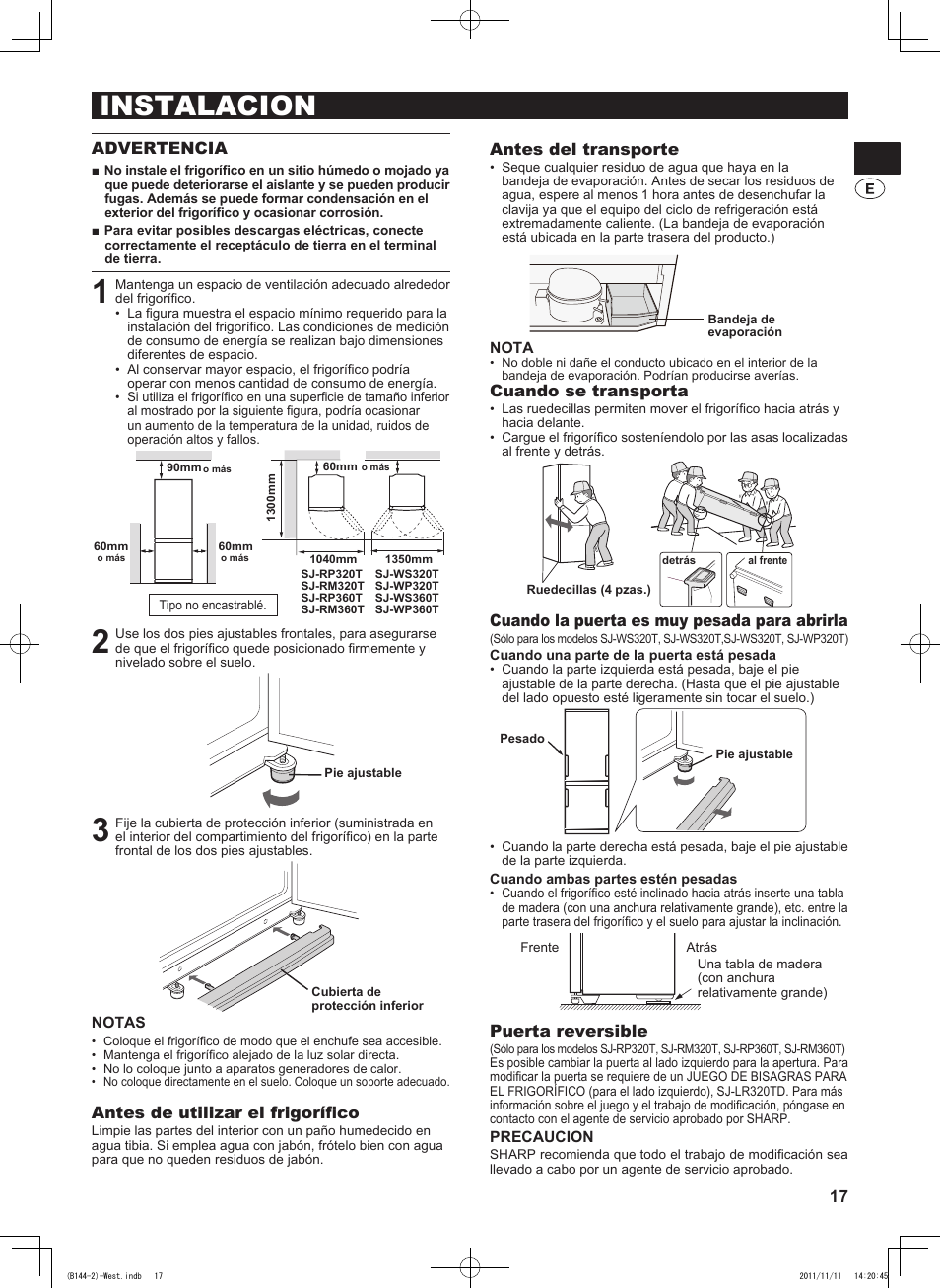 Instalacion, Advertencia, Antes de utilizar el frigorífico | Antes del transporte, Cuando se transporta, Cuando la puerta es muy pesada para abrirla, Puerta reversible | Sharp SJ-WP320TBE User Manual | Page 17 / 224