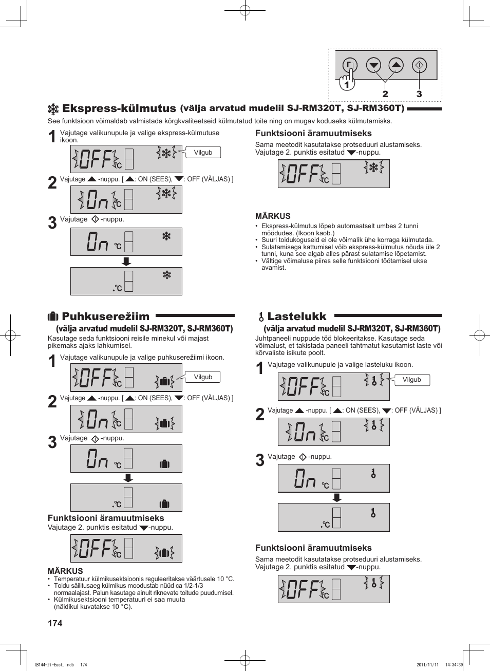 Ekspress-külmutus, Puhkuserežiim, Lastelukk | Sharp SJ-WP320TBE User Manual | Page 174 / 224