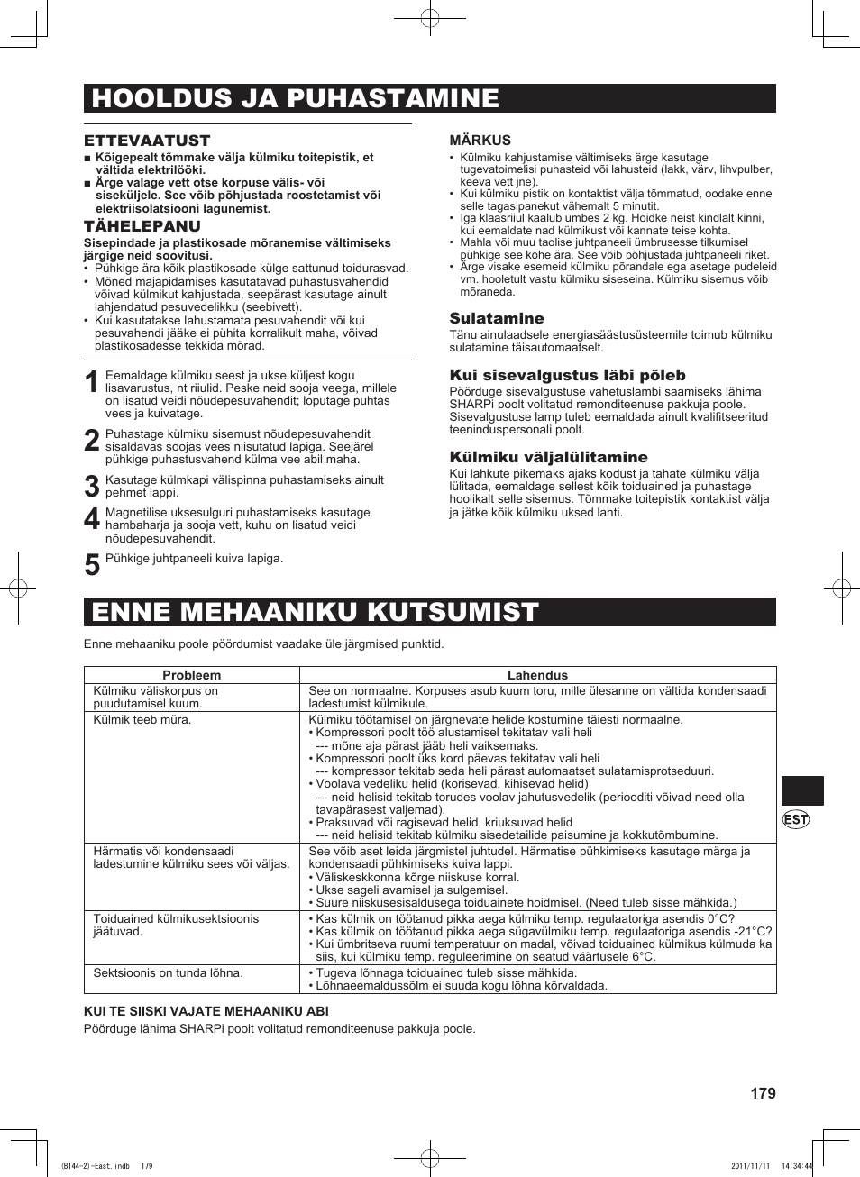 Hooldus ja puhastamine enne mehaaniku kutsumist | Sharp SJ-WP320TBE User Manual | Page 179 / 224