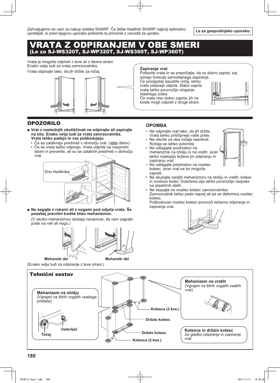 B144)slv, Vrata z odpiranjem v obe smeri, Opozorilo | Tehnični sestav | Sharp SJ-WP320TBE User Manual | Page 180 / 224